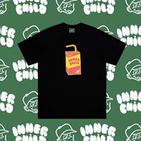 a black t - shirt with an image of a juice box